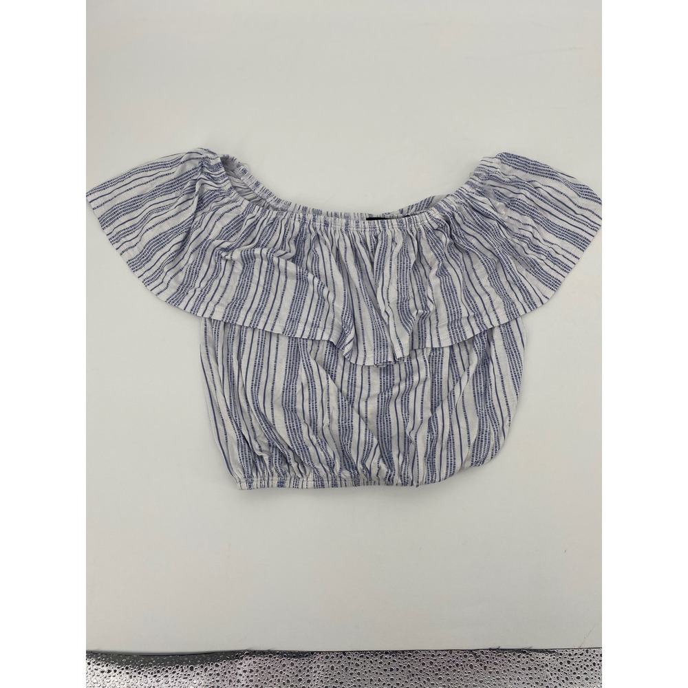 Francesca's Belle Twee Off Shoulder Crop Top Womens XS Blue White Stripe Ruffle